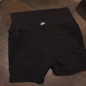 Alo yoga black Moto bike shorts with pockets (detailed ribbing and mesh)